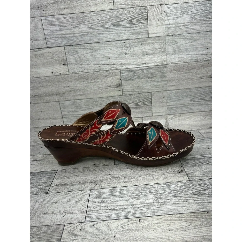 L Artiste Spring Step Sorriso‎ Brown Leather Wedge Sandals Hand Painted Women 39